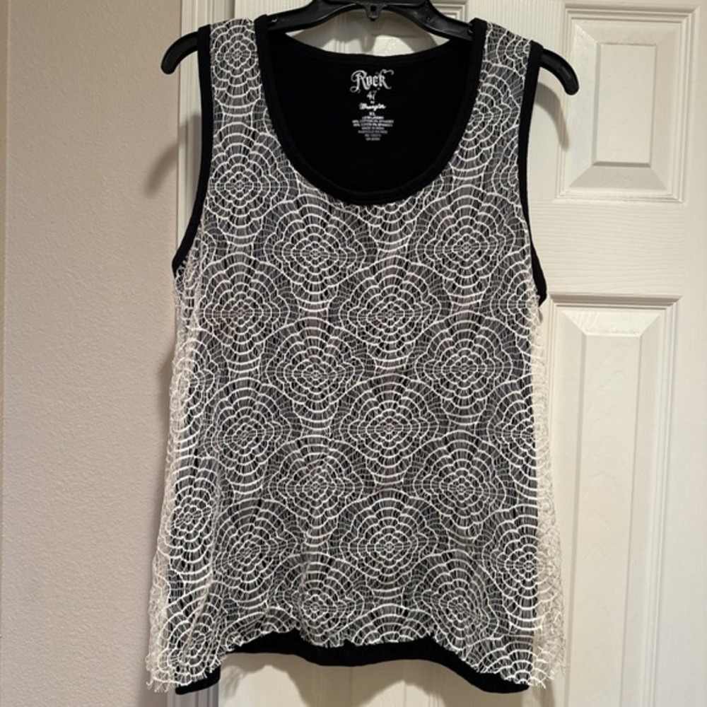 Rock 47 Wrangler Women's Black Tank Top Cream Lace Floral‎ Overlay XL Rockabilly